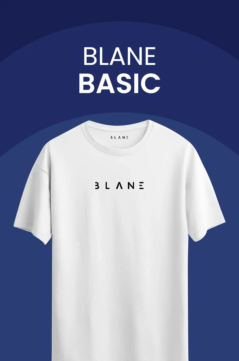 Beyaz 'BLANE' yazılı tişört, 'BLANE BASIC' koleksiyonuna yönlendiren link içeren mavi arka planlı görsel.
